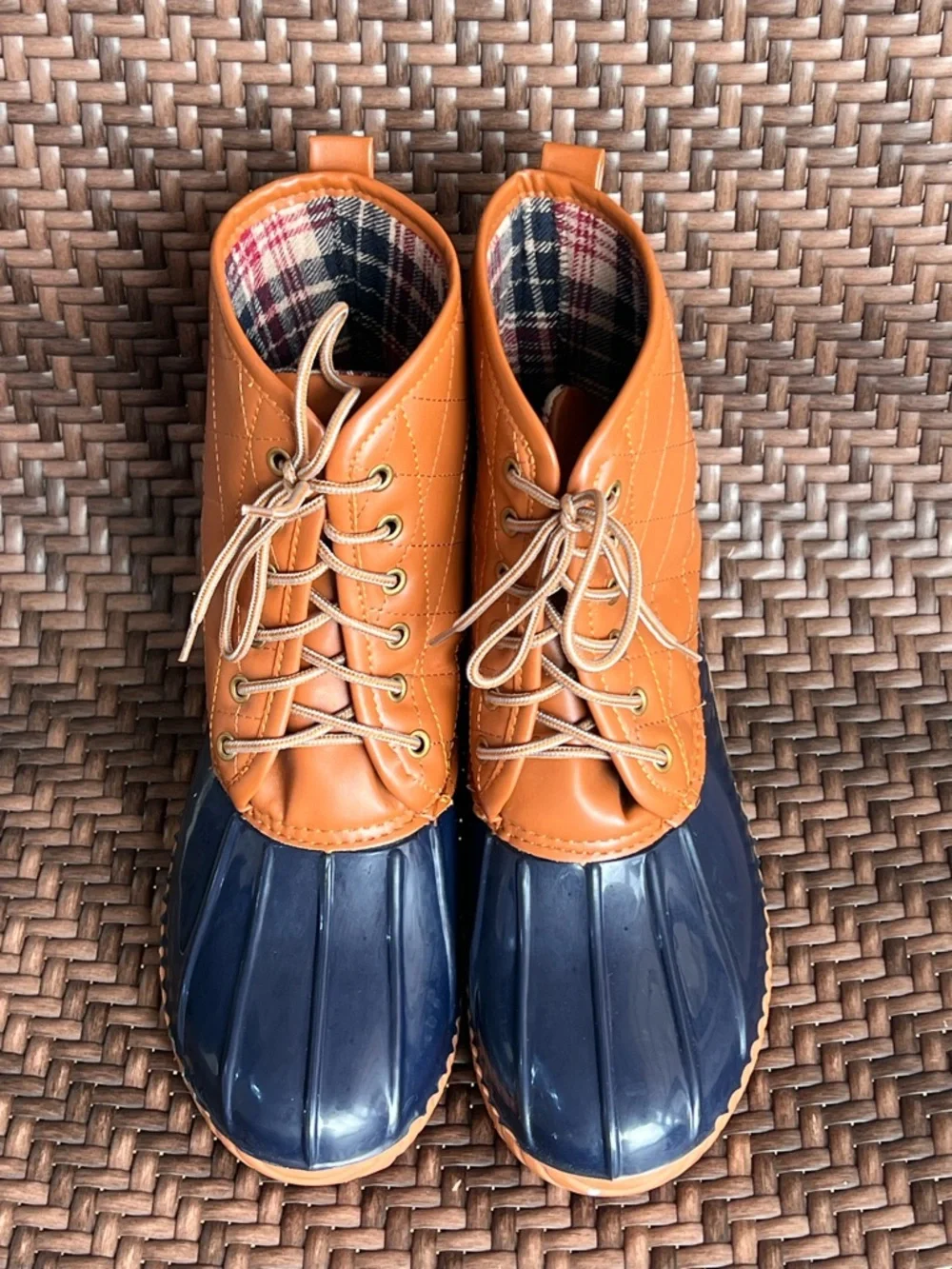 Quilted Winter Rubber Duck Boots Navy Tan Waterproof Flannel Lined Insulated 10